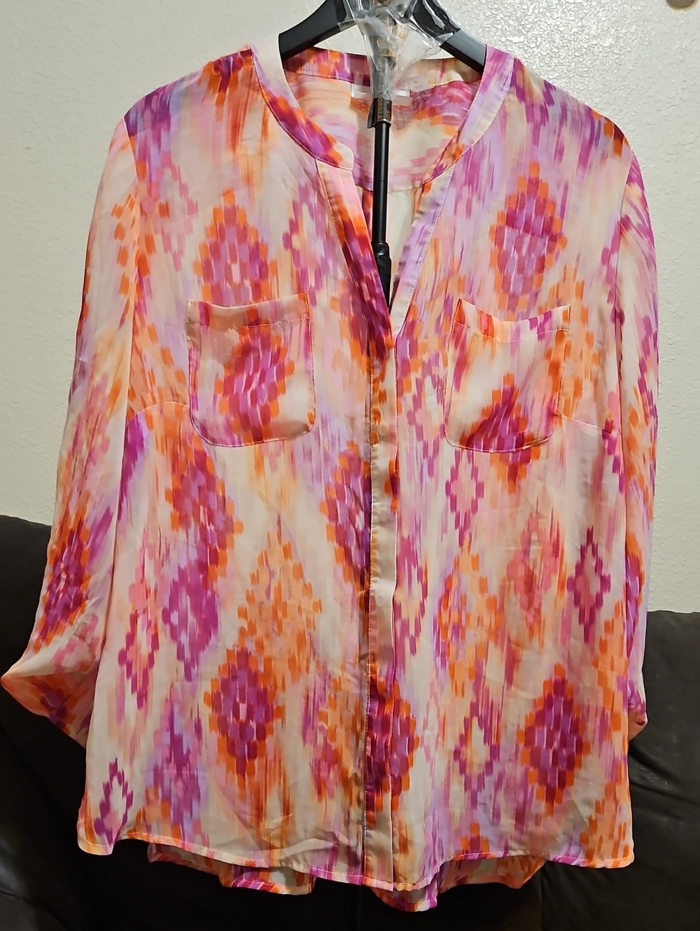 Simply Emma Pink & Orange Ikat-Print Button Front Blouse